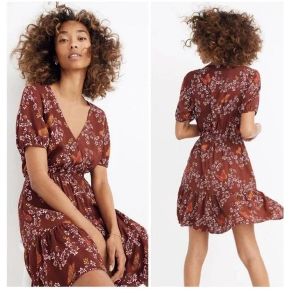 Madewell Ruffle-Wrap Dress in Windowbox Floral 8 Brown Boho‎ Fit Flare $139 MSRP